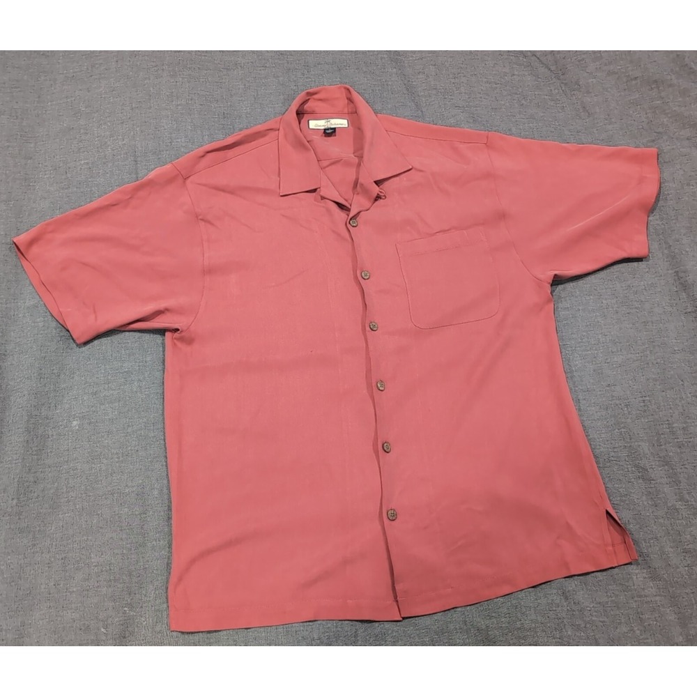 Tommy Bahama Men's L Brown Button Up 100% Silk Pocket Short Sleeve Collar